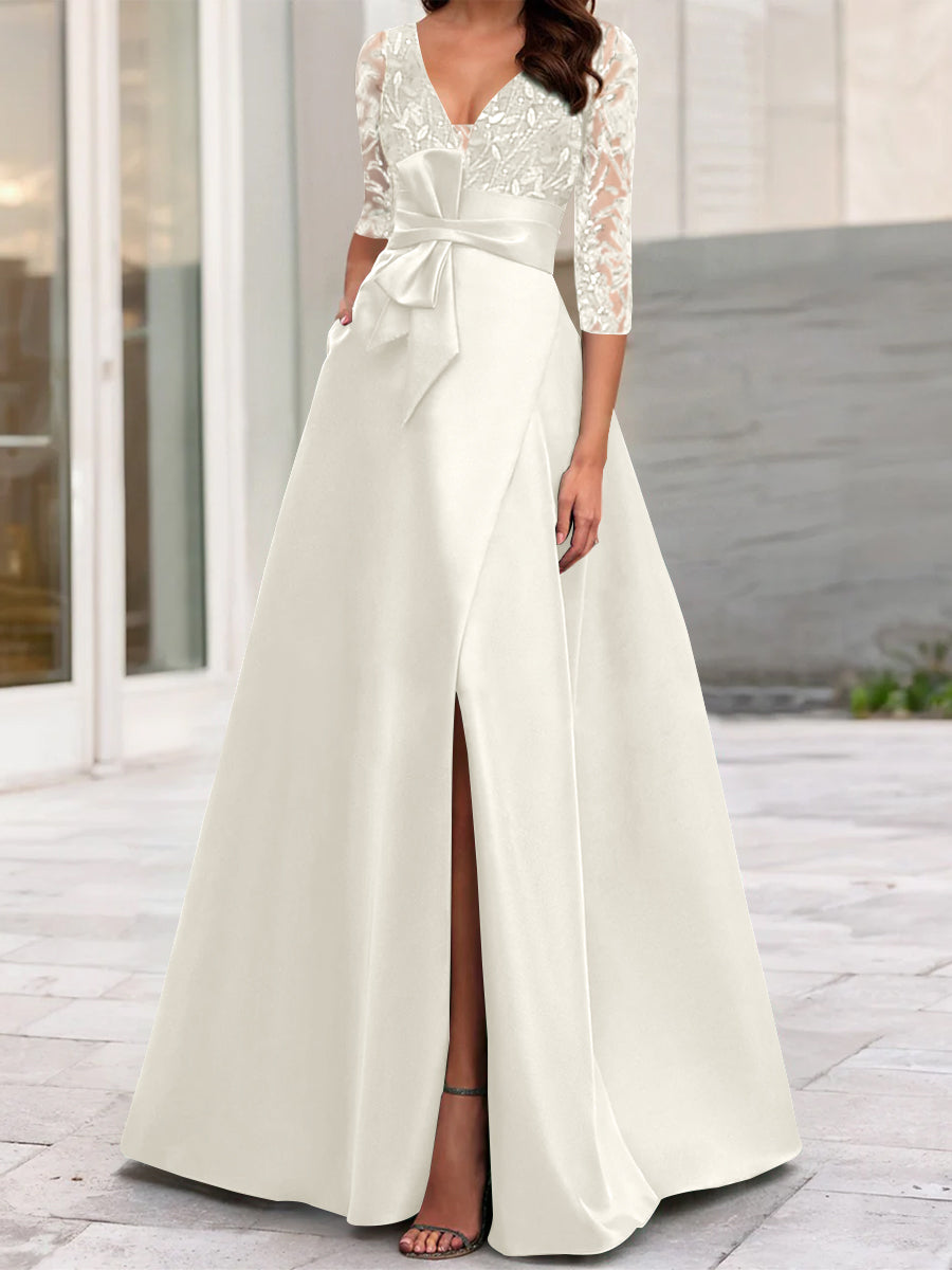 A Line Princess V Neck Floor Length Mother Of The Bride Dresses With Split Side Ruffles Sequins Bow S