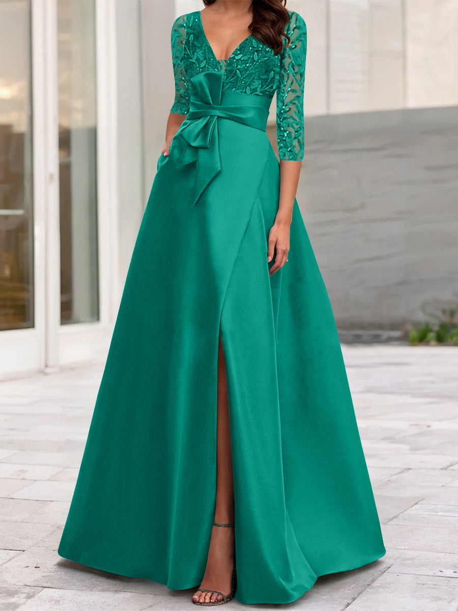 A Line Princess V Neck Floor Length Mother Of The Bride Dresses With Split Side Ruffles Sequins Bow S