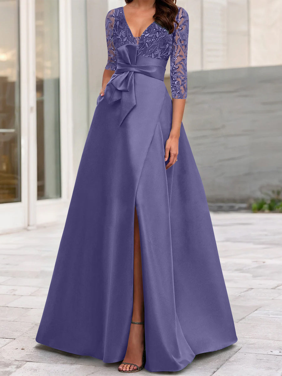 A Line Princess V Neck Floor Length Mother Of The Bride Dresses With Split Side Ruffles Sequins Bow S