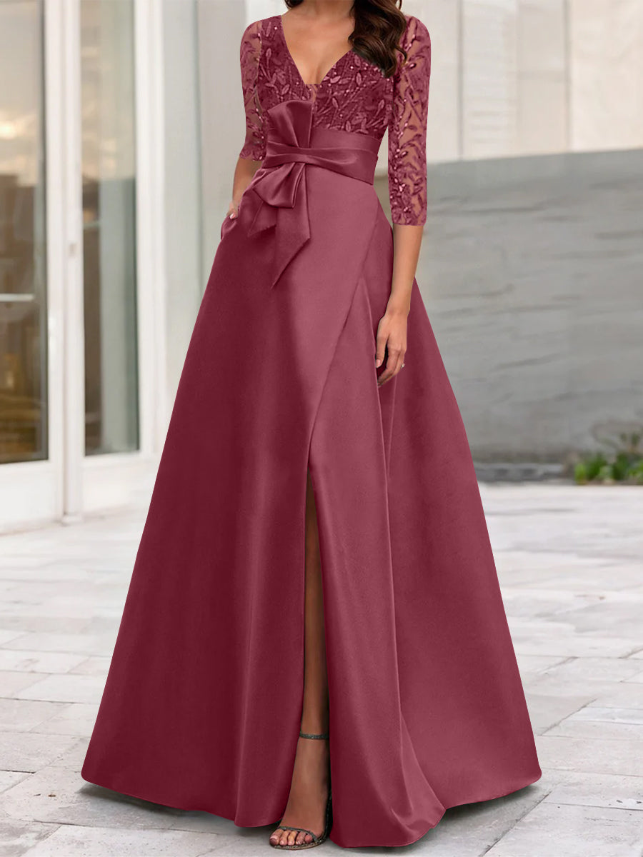 A Line Princess V Neck Floor Length Mother Of The Bride Dresses With Split Side Ruffles Sequins Bow S
