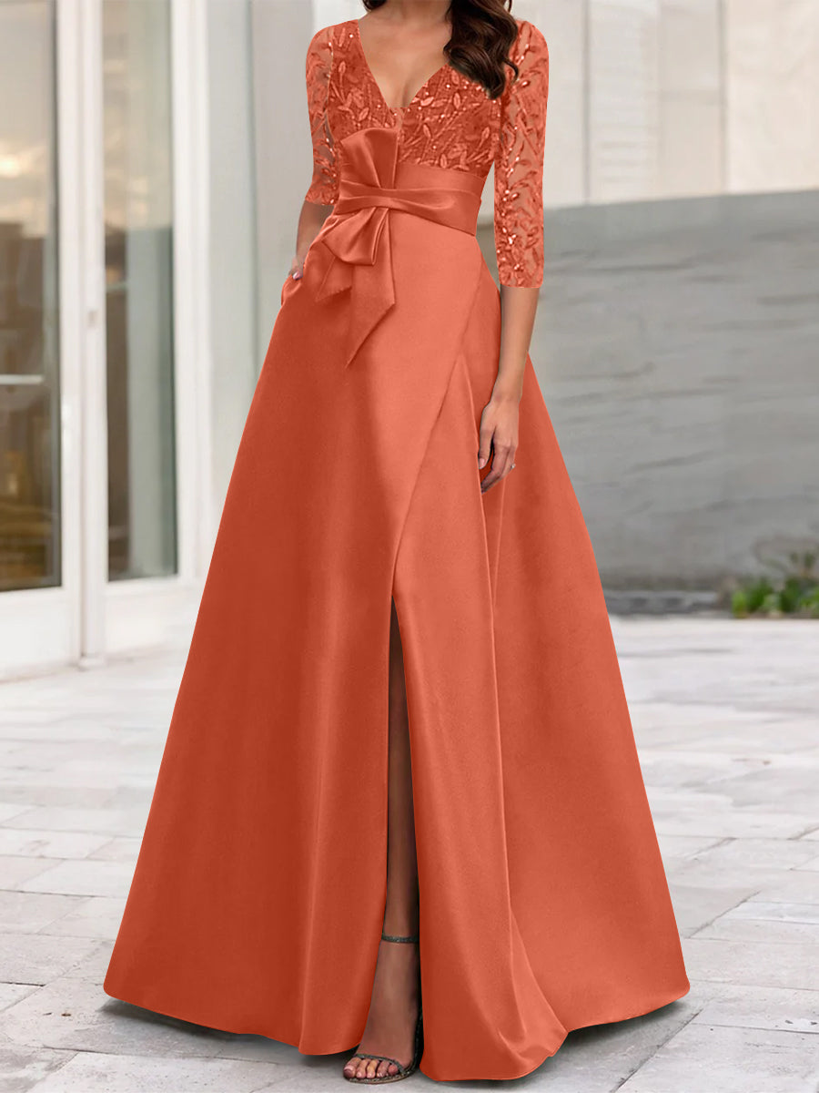 A Line Princess V Neck Floor Length Mother Of The Bride Dresses With Split Side Ruffles Sequins Bow S