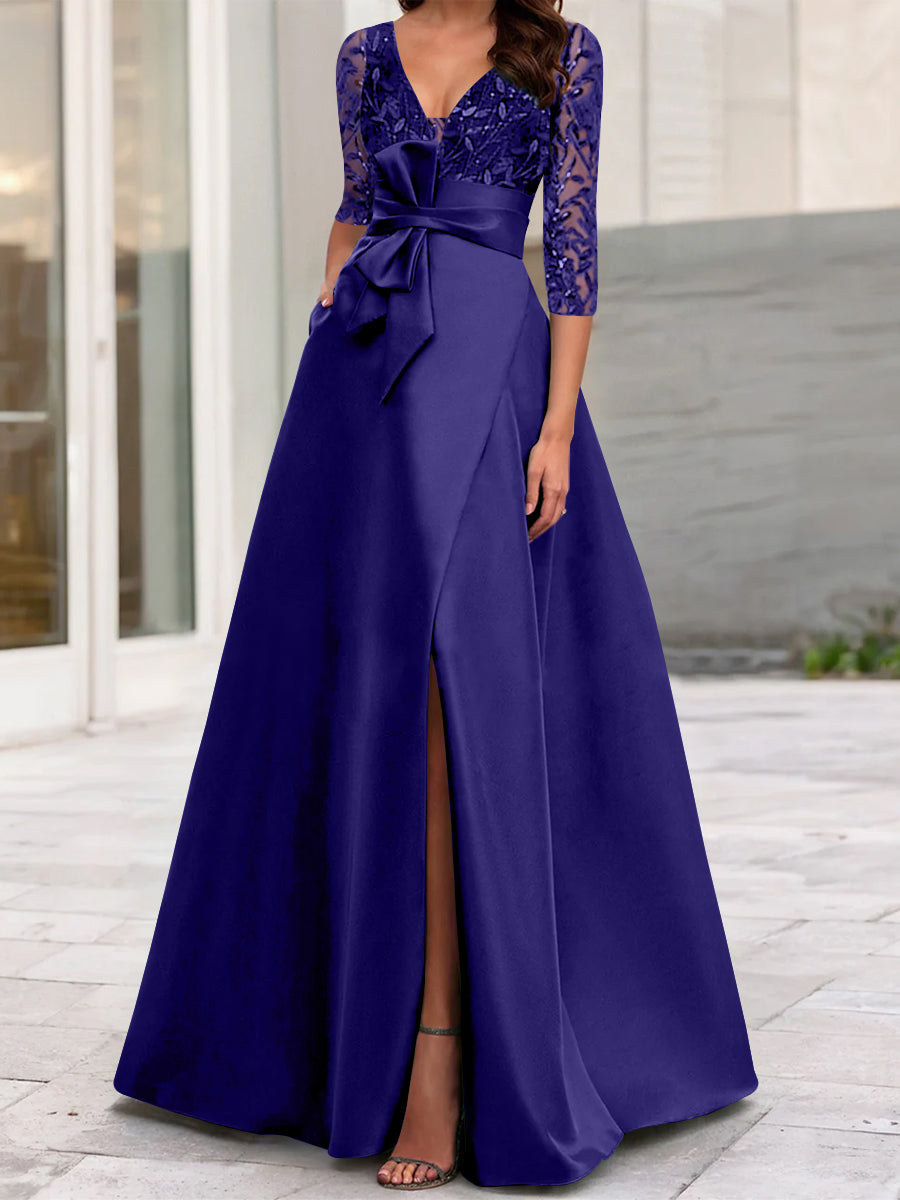 A Line Princess V Neck Floor Length Mother Of The Bride Dresses With Split Side Ruffles Sequins Bow S