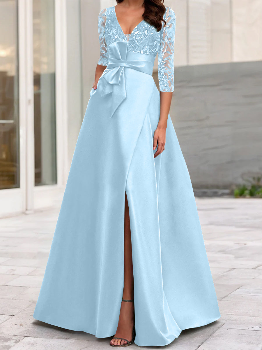 A Line Princess V Neck Floor Length Mother Of The Bride Dresses With Split Side Ruffles Sequins Bow S