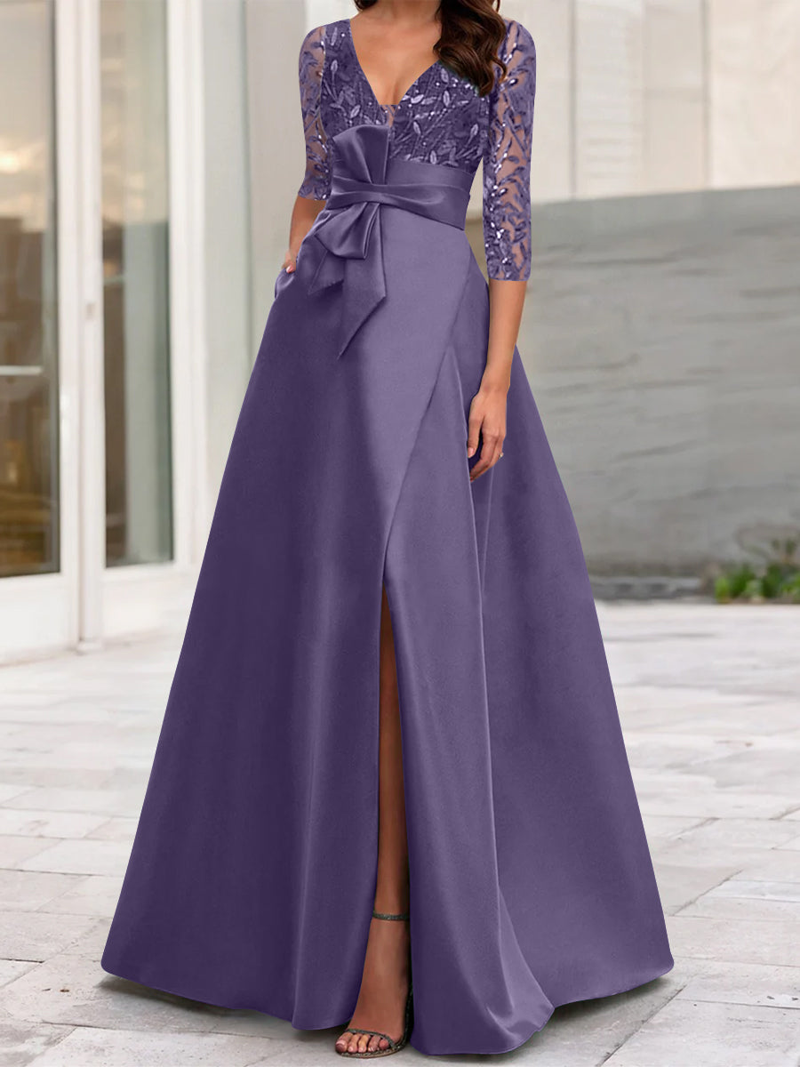 A Line Princess V Neck Floor Length Mother Of The Bride Dresses With Split Side Ruffles Sequins Bow S