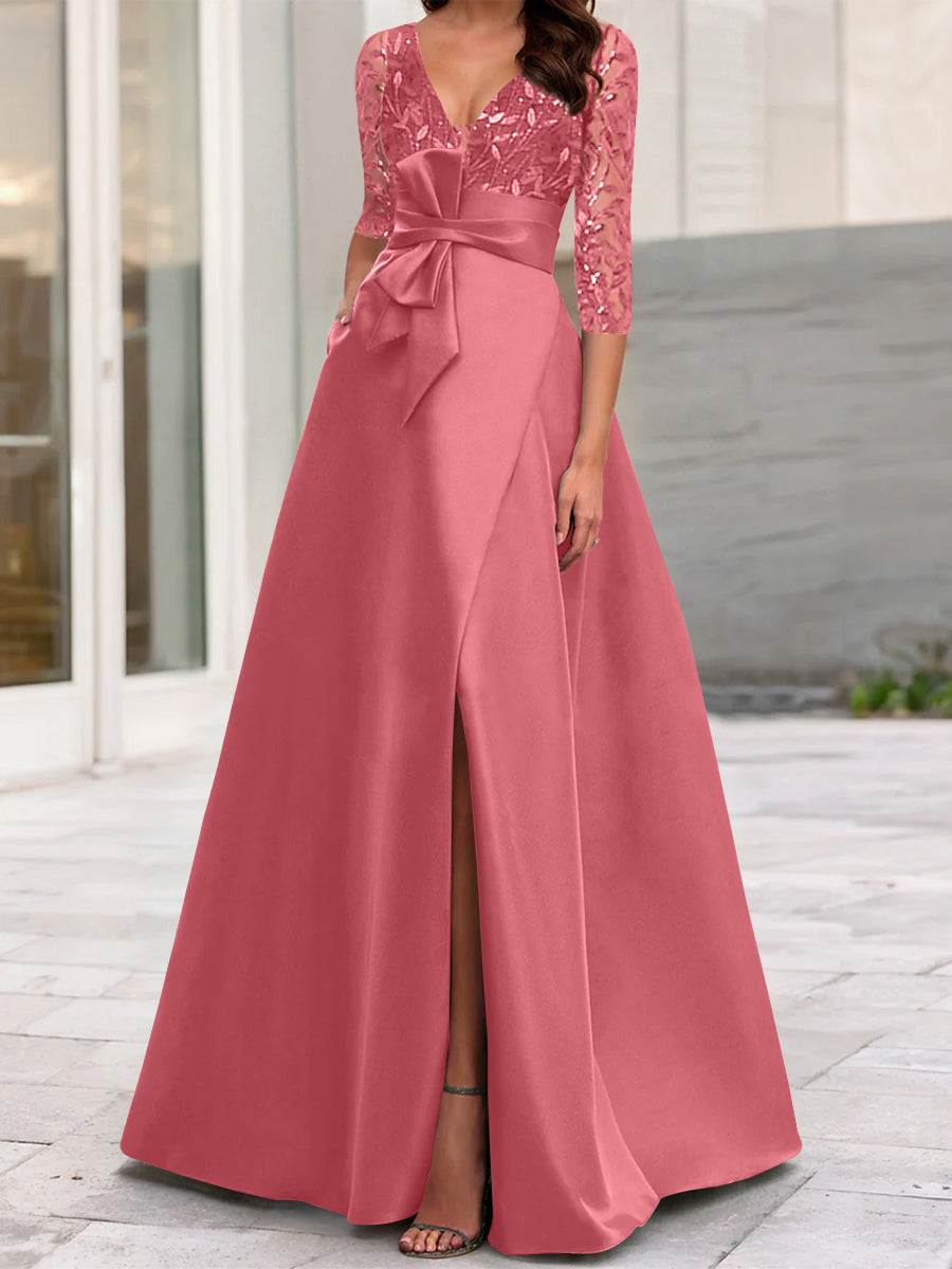 A Line Princess V Neck Floor Length Mother Of The Bride Dresses With Split Side Ruffles Sequins Bow S