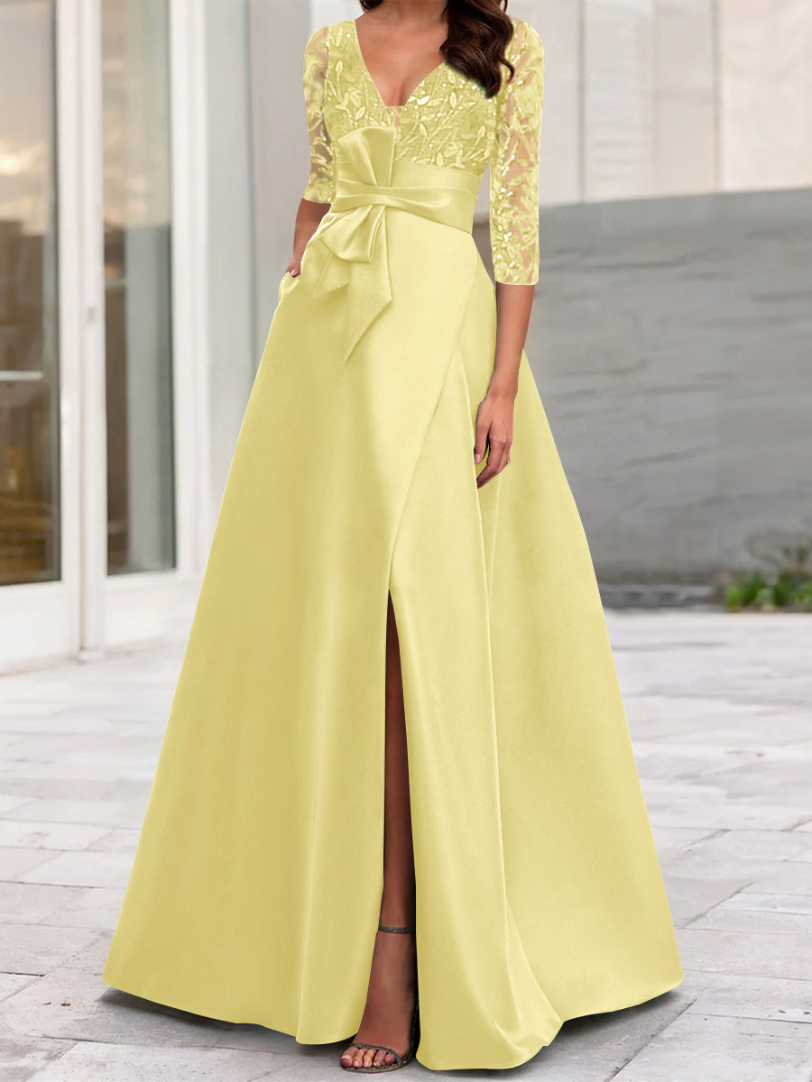 A Line Princess V Neck Floor Length Mother Of The Bride Dresses With Split Side Ruffles Sequins Bow S