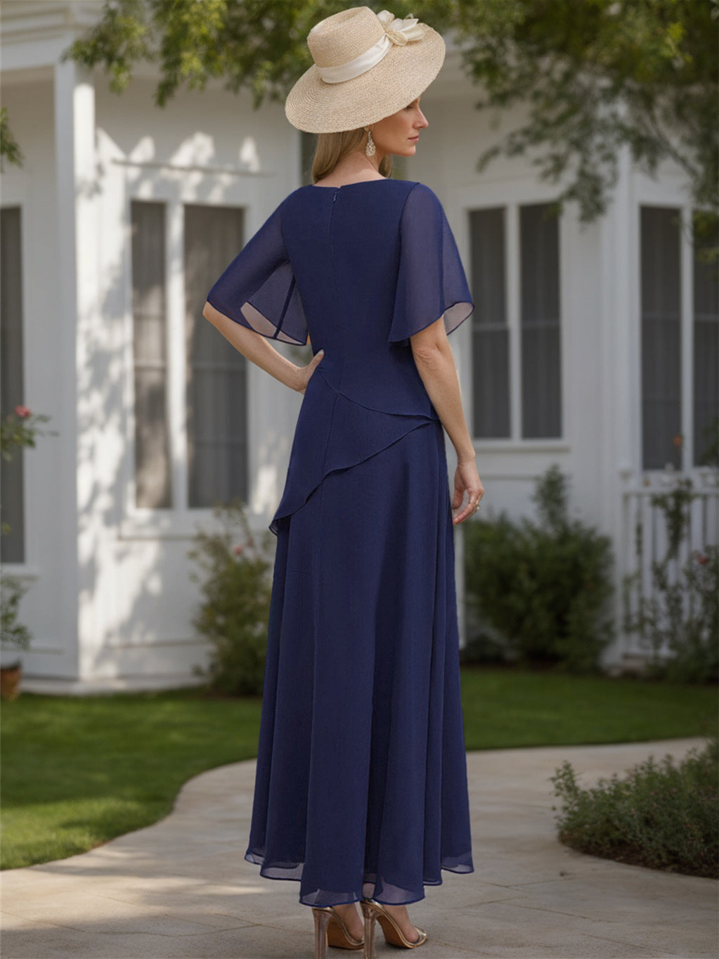 A Line Princess Chiffon Ankle Length 1 2 Sleeves Scoop Mother Of The Bride Dresses