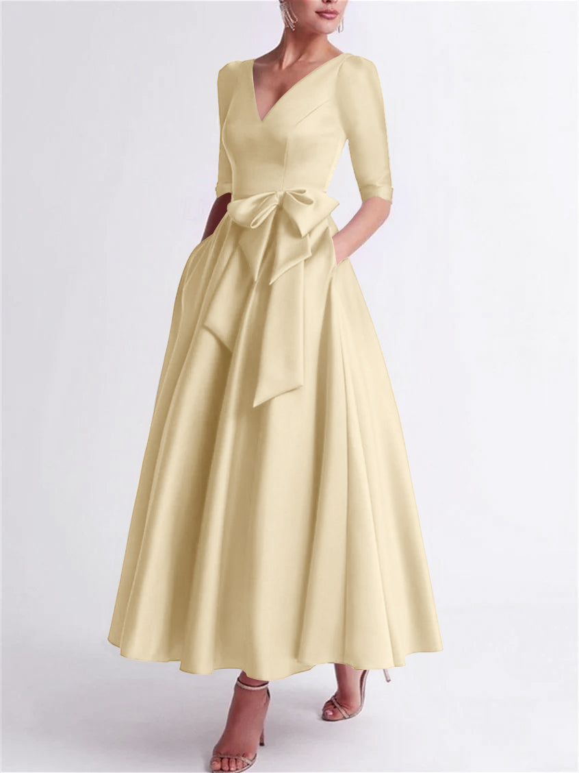 A Line Princess V Neck 3 4 Length Sleeve Tea Length Satin Mother Of The Bride Dresses With Bow S