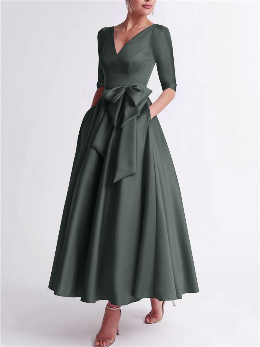 A Line Princess V Neck 3 4 Length Sleeve Tea Length Satin Mother Of The Bride Dresses With Bow S