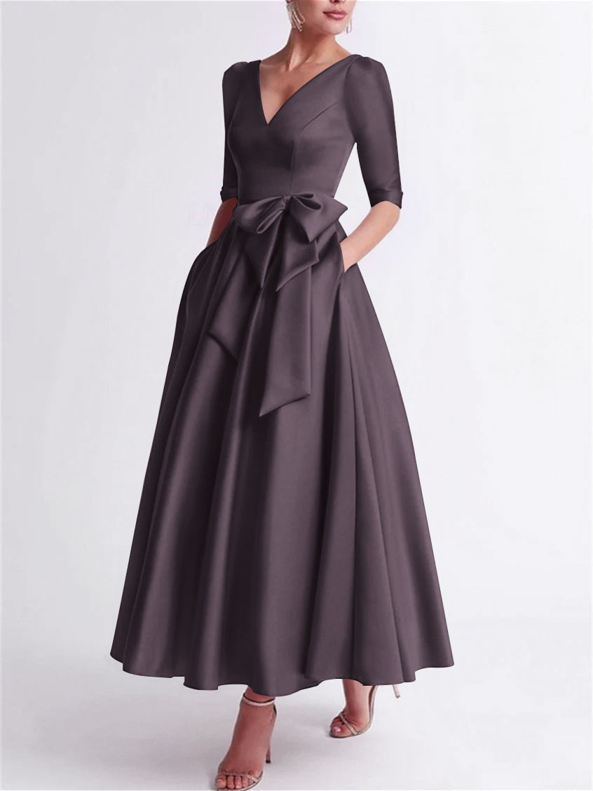 A Line Princess V Neck 3 4 Length Sleeve Tea Length Satin Mother Of The Bride Dresses With Bow S