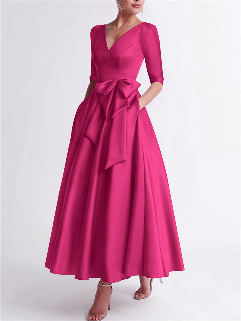 A Line Princess V Neck 3 4 Length Sleeve Tea Length Satin Mother Of The Bride Dresses With Bow S