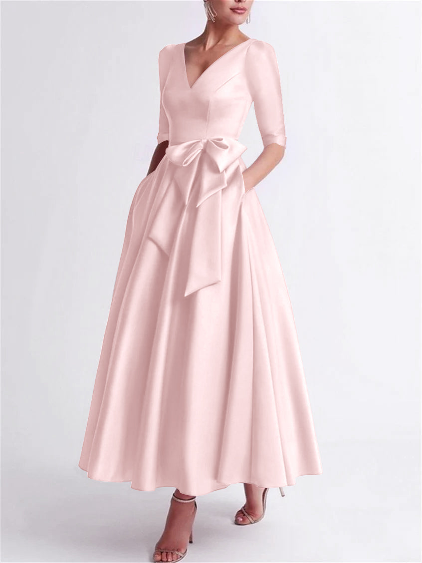 A Line Princess V Neck 3 4 Length Sleeve Tea Length Satin Mother Of The Bride Dresses With Bow S