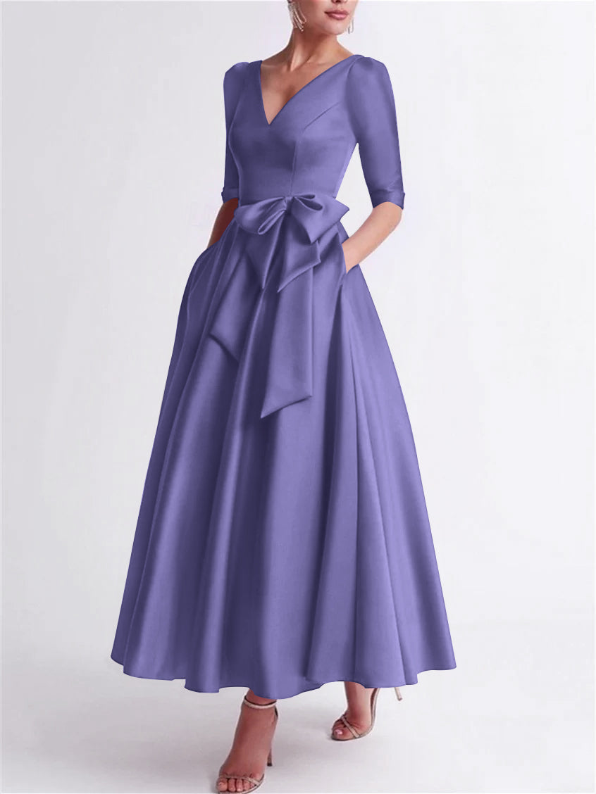A Line Princess V Neck 3 4 Length Sleeve Tea Length Satin Mother Of The Bride Dresses With Bow S