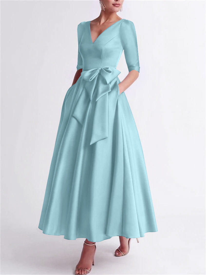 A Line Princess V Neck 3 4 Length Sleeve Tea Length Satin Mother Of The Bride Dresses With Bow S