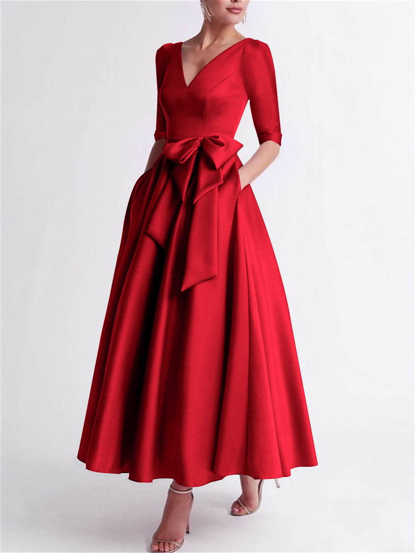 A Line Princess V Neck 3 4 Length Sleeve Tea Length Satin Mother Of The Bride Dresses With Bow S