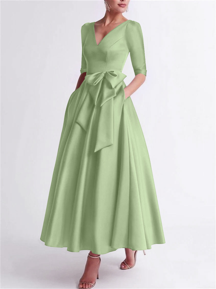 A Line Princess V Neck 3 4 Length Sleeve Tea Length Satin Mother Of The Bride Dresses With Bow S