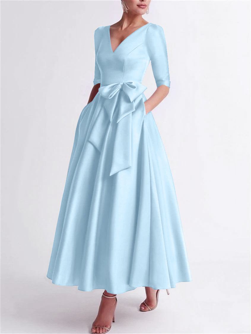 A Line Princess V Neck 3 4 Length Sleeve Tea Length Satin Mother Of The Bride Dresses With Bow S