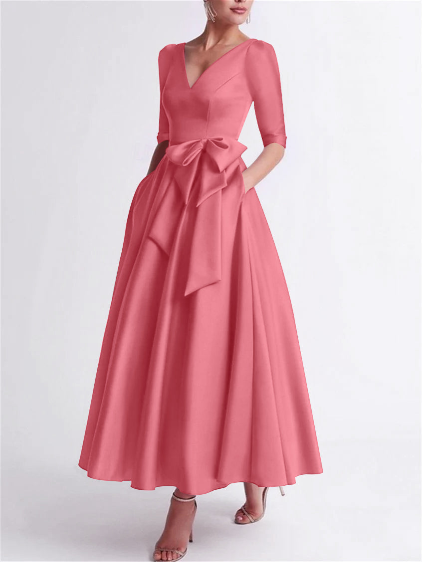 A Line Princess V Neck 3 4 Length Sleeve Tea Length Satin Mother Of The Bride Dresses With Bow S