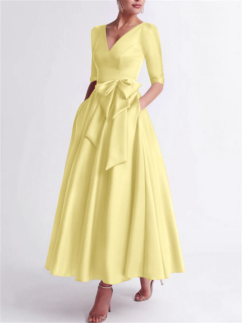 A Line Princess V Neck 3 4 Length Sleeve Tea Length Satin Mother Of The Bride Dresses With Bow S