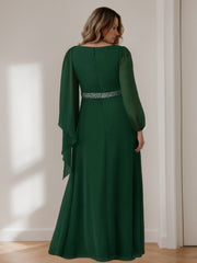 A Line Princess Scoop Long Sleeves Floor Length Plus Size Mother Of The Bride Dresses With Beaded Pleated Cascading Ruffles