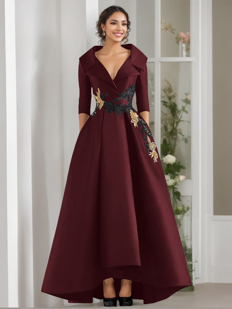 A Line Princess V Neck 3 4 Sleeves Floor Length Mother Of The Bride Dresses With Appliques Beading