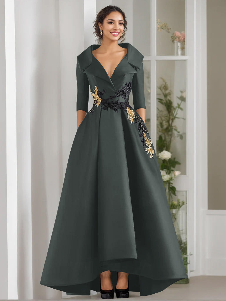A Line Princess V Neck 3 4 Sleeves Floor Length Mother Of The Bride Dresses With Appliques Beading
