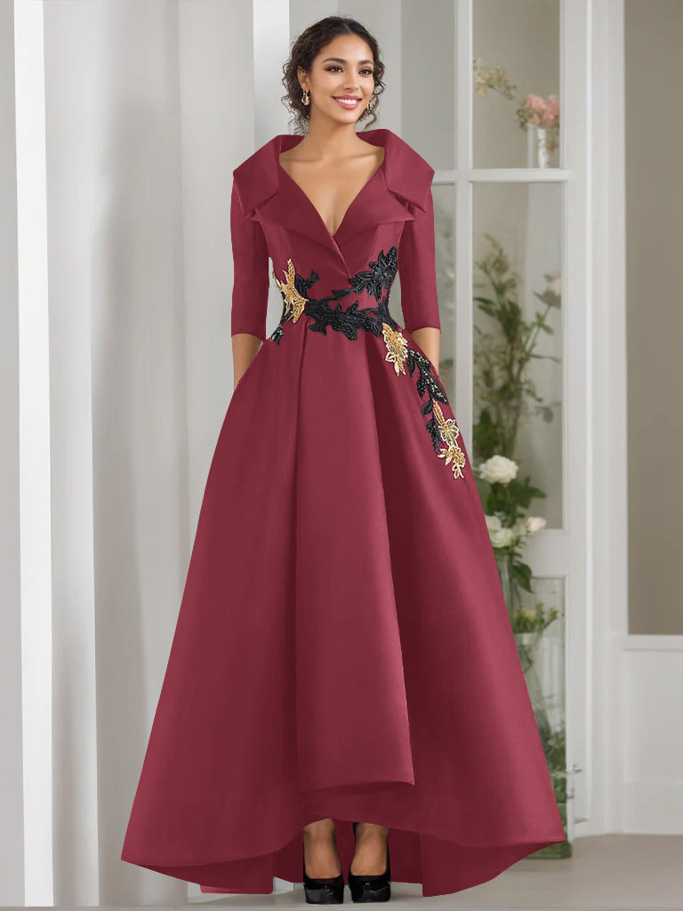 A Line Princess V Neck 3 4 Sleeves Floor Length Mother Of The Bride Dresses With Appliques Beading