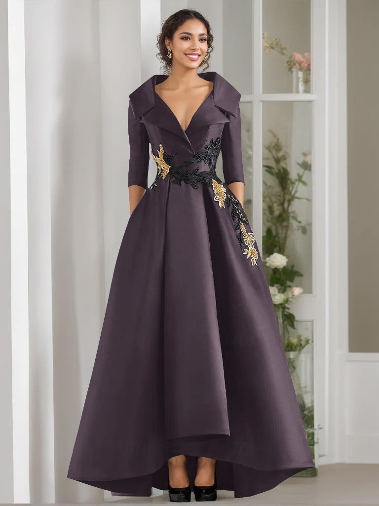 A Line Princess V Neck 3 4 Sleeves Floor Length Mother Of The Bride Dresses With Appliques Beading