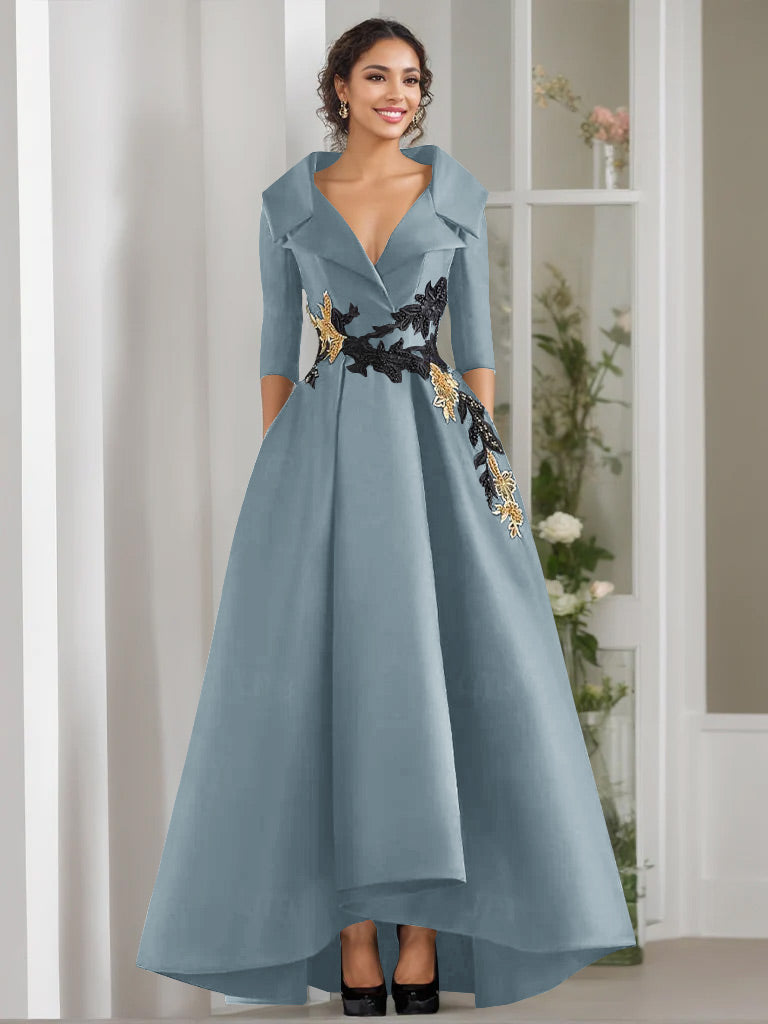 A Line Princess V Neck 3 4 Sleeves Floor Length Mother Of The Bride Dresses With Appliques Beading