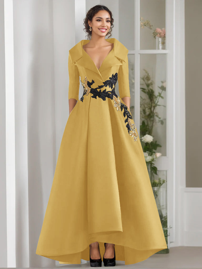 A Line Princess V Neck 3 4 Sleeves Floor Length Mother Of The Bride Dresses With Appliques Beading