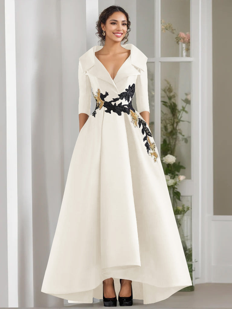A Line Princess V Neck 3 4 Sleeves Floor Length Mother Of The Bride Dresses With Appliques Beading