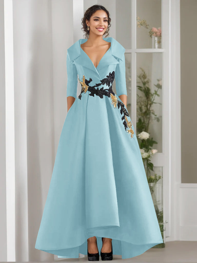 A Line Princess V Neck 3 4 Sleeves Floor Length Mother Of The Bride Dresses With Appliques Beading