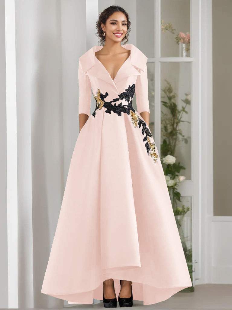 A Line Princess V Neck 3 4 Sleeves Floor Length Mother Of The Bride Dresses With Appliques Beading