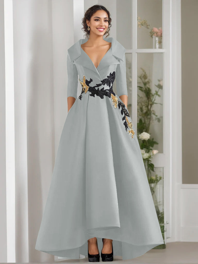 A Line Princess V Neck 3 4 Sleeves Floor Length Mother Of The Bride Dresses With Appliques Beading