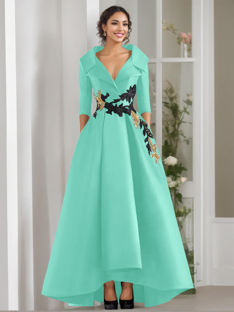 A Line Princess V Neck 3 4 Sleeves Floor Length Mother Of The Bride Dresses With Appliques Beading