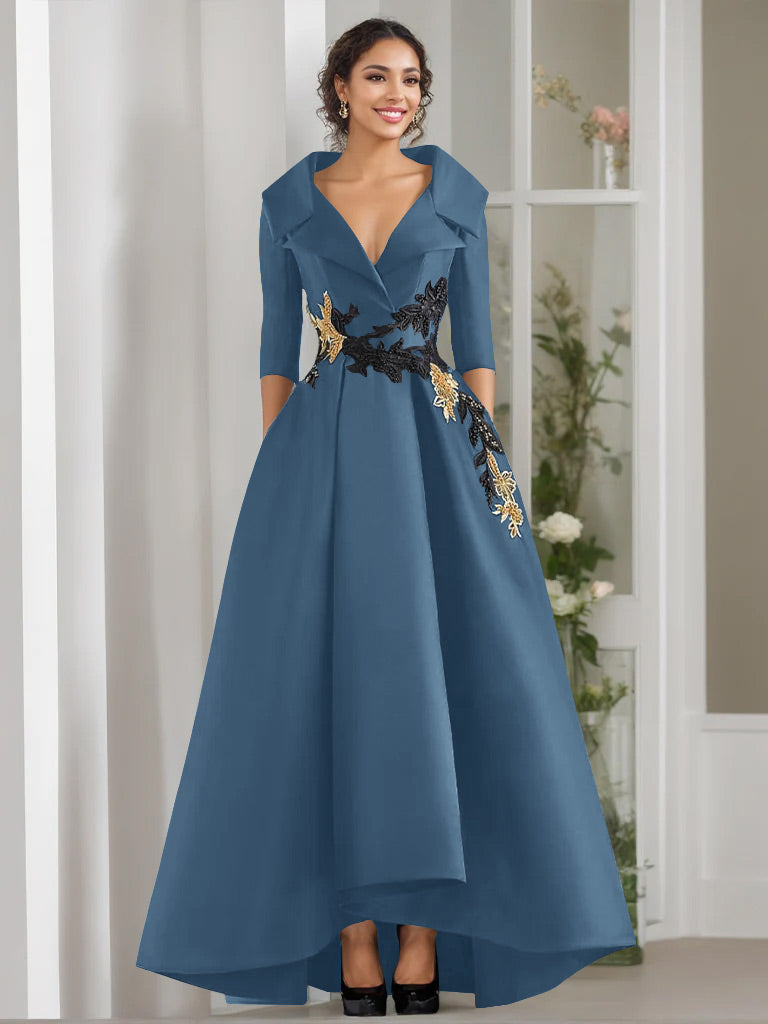 A Line Princess V Neck 3 4 Sleeves Floor Length Mother Of The Bride Dresses With Appliques Beading