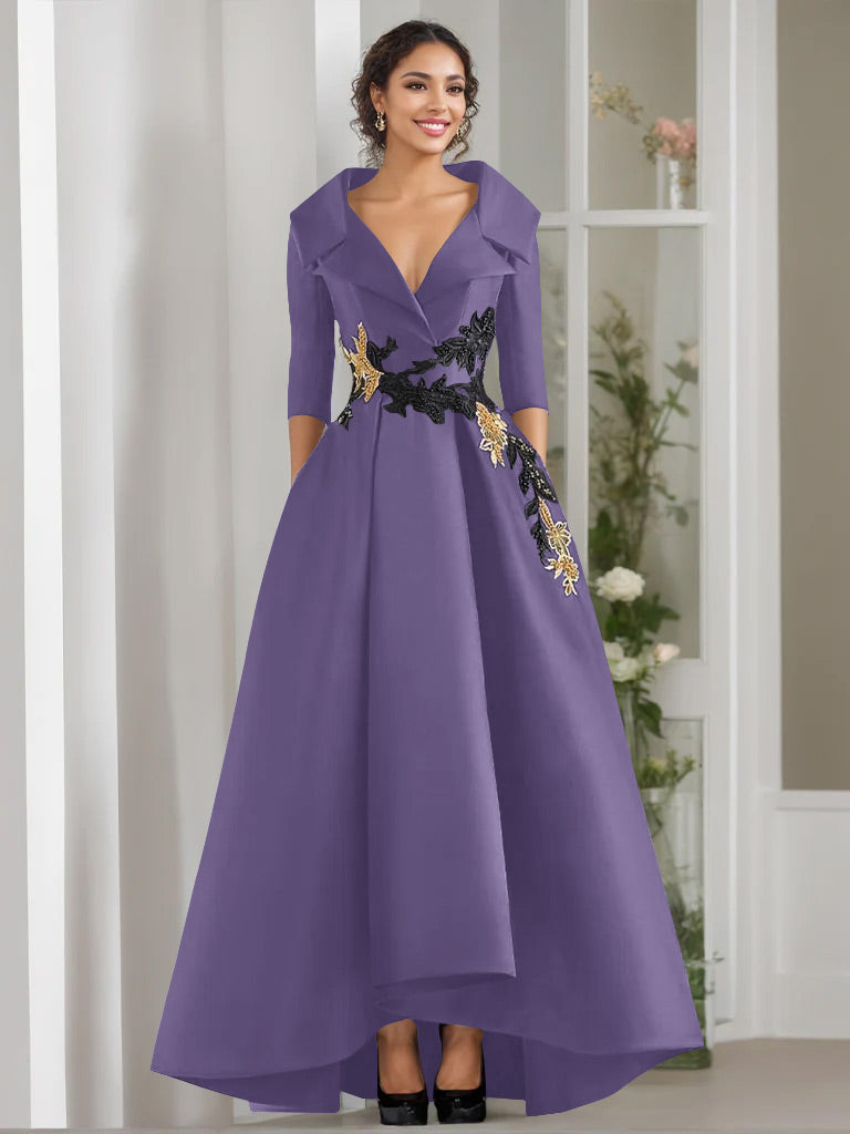 A Line Princess V Neck 3 4 Sleeves Floor Length Mother Of The Bride Dresses With Appliques Beading