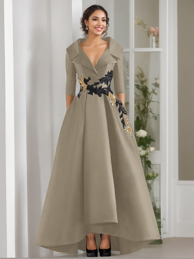 A Line Princess V Neck 3 4 Sleeves Floor Length Mother Of The Bride Dresses With Appliques Beading
