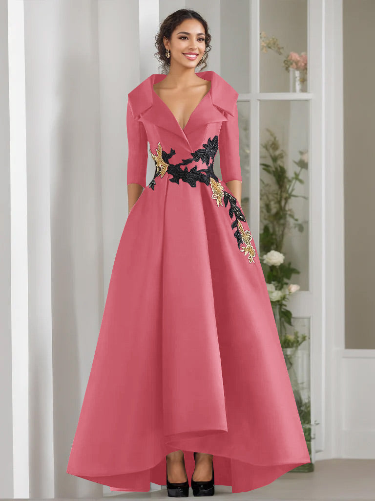 A Line Princess V Neck 3 4 Sleeves Floor Length Mother Of The Bride Dresses With Appliques Beading