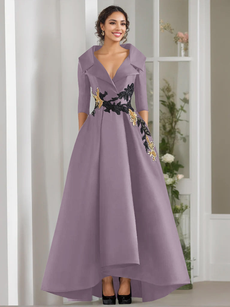 A Line Princess V Neck 3 4 Sleeves Floor Length Mother Of The Bride Dresses With Appliques Beading