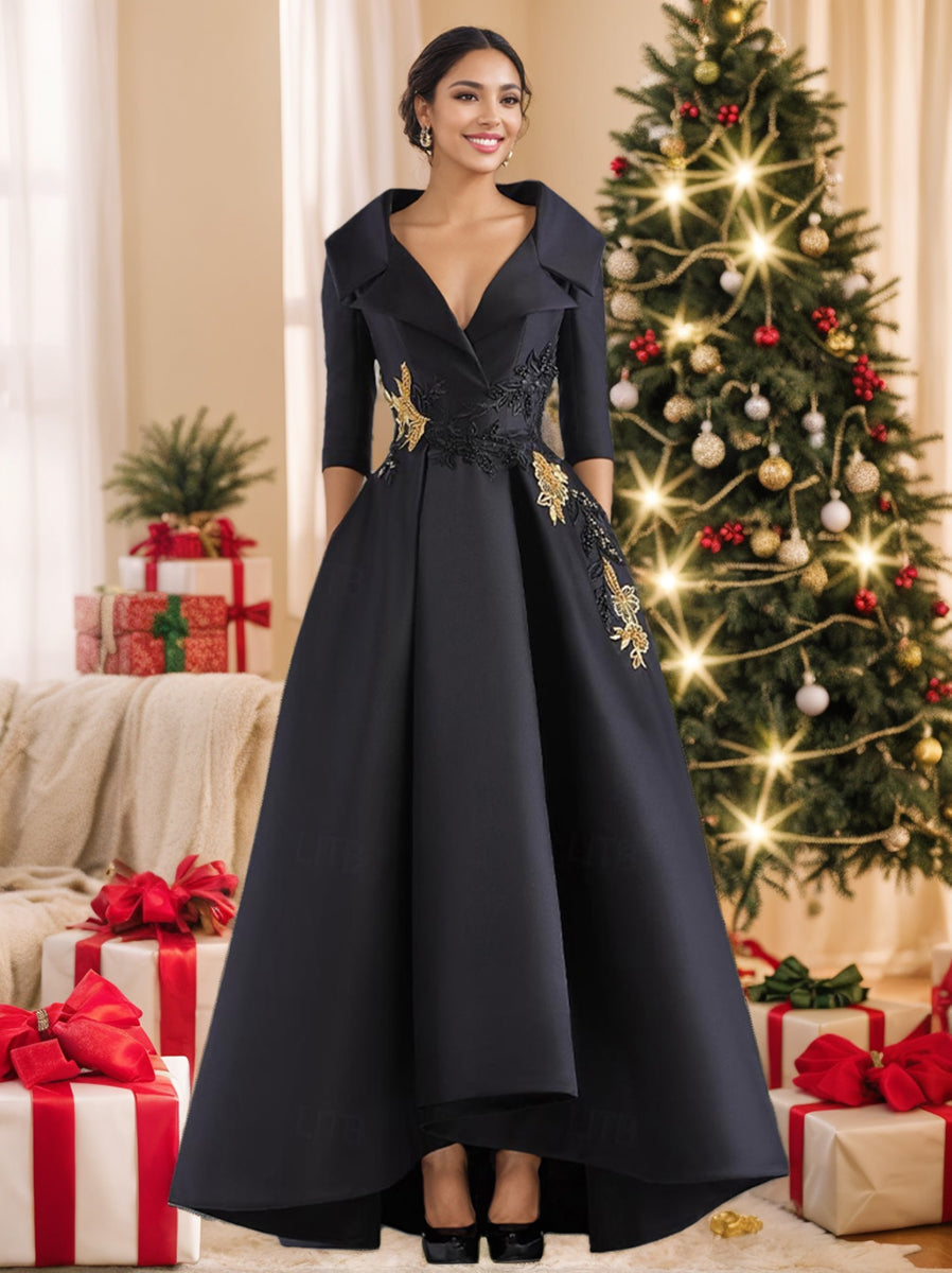 A Line Princess V Neck 3 4 Sleeves Floor Length Mother Of The Bride Dresses With Appliques Beading