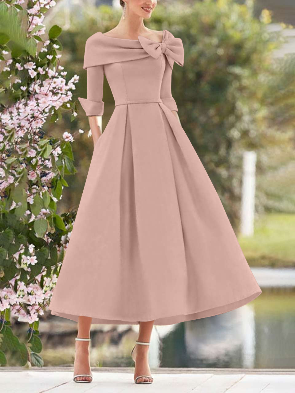 A Line Princess Cowl Neck Bow S 3 4 Sleeves Tea Length Elegant Mother Of The Bride Groom Dresses