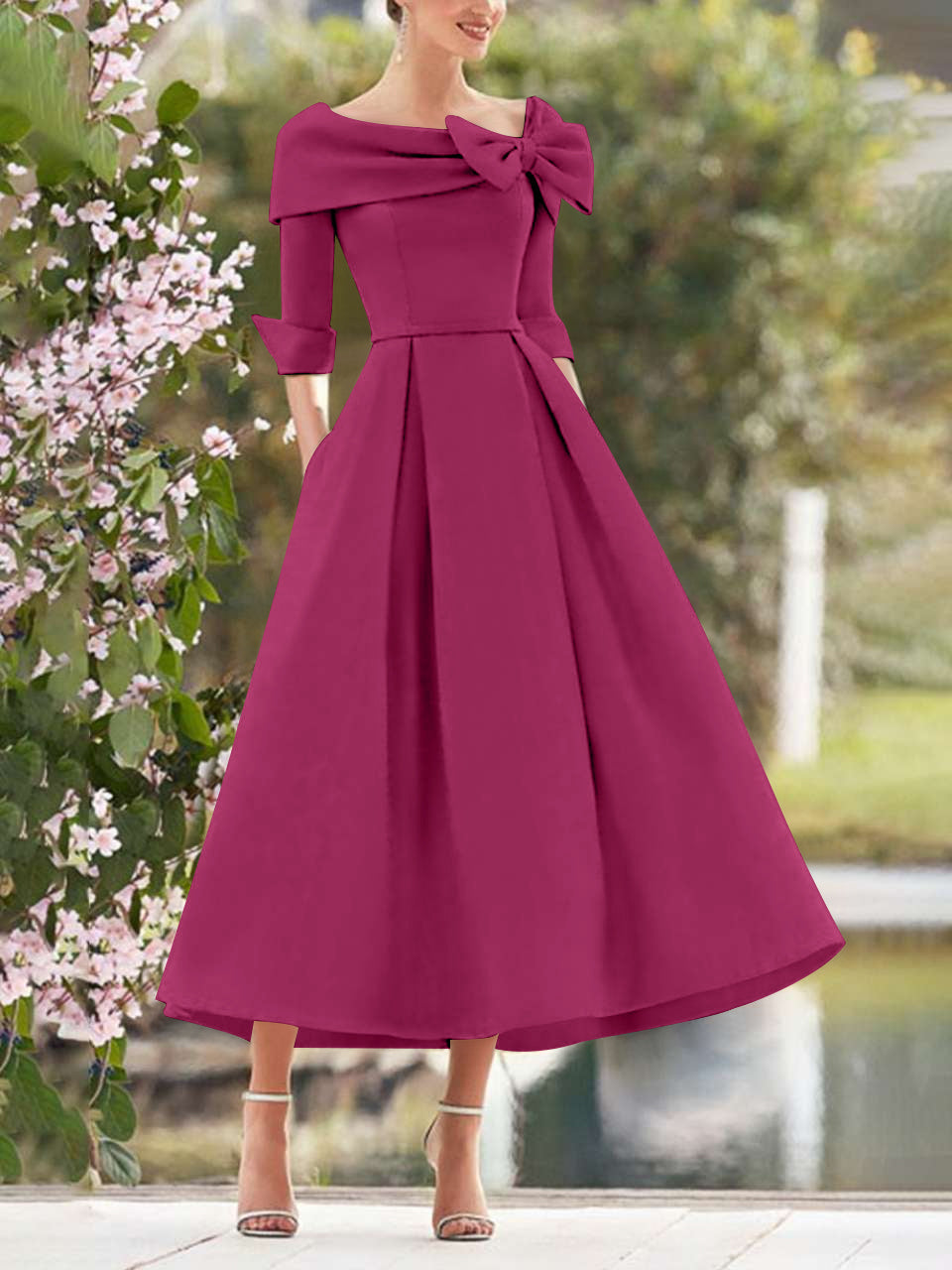 A Line Princess Cowl Neck Bow S 3 4 Sleeves Tea Length Elegant Mother Of The Bride Groom Dresses