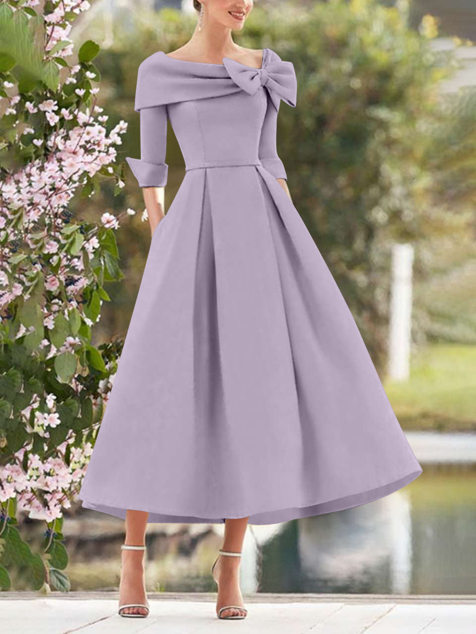 A Line Princess Cowl Neck Bow S 3 4 Sleeves Tea Length Elegant Mother Of The Bride Groom Dresses