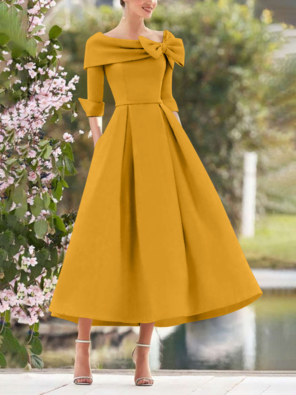 A Line Princess Cowl Neck Bow S 3 4 Sleeves Tea Length Elegant Mother Of The Bride Groom Dresses