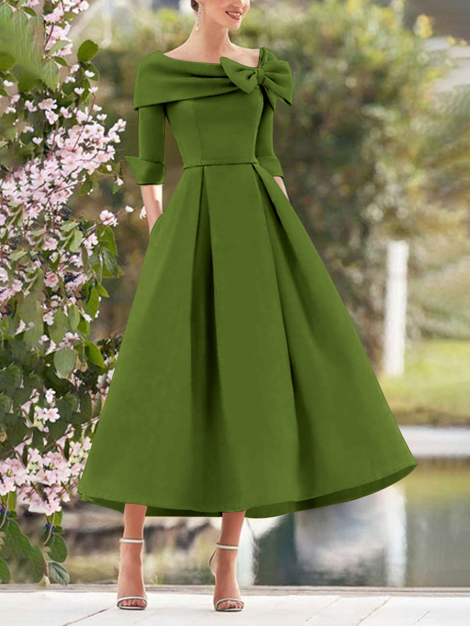 A Line Princess Cowl Neck Bow S 3 4 Sleeves Tea Length Elegant Mother Of The Bride Groom Dresses