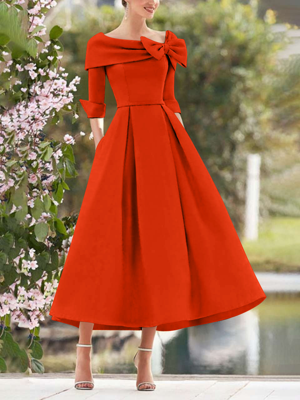 A Line Princess Cowl Neck Bow S 3 4 Sleeves Tea Length Elegant Mother Of The Bride Groom Dresses