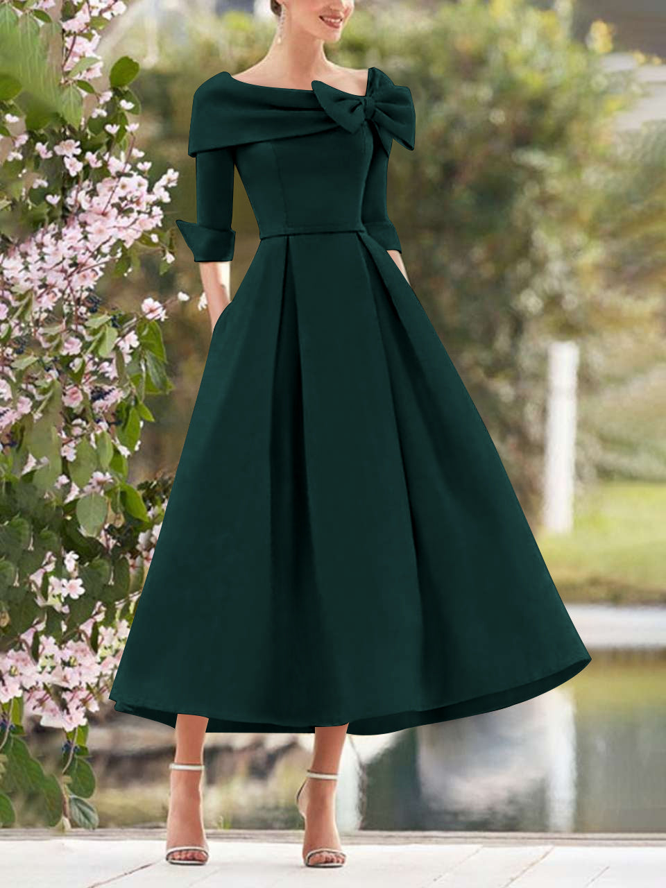 A Line Princess Cowl Neck Bow S 3 4 Sleeves Tea Length Elegant Mother Of The Bride Groom Dresses