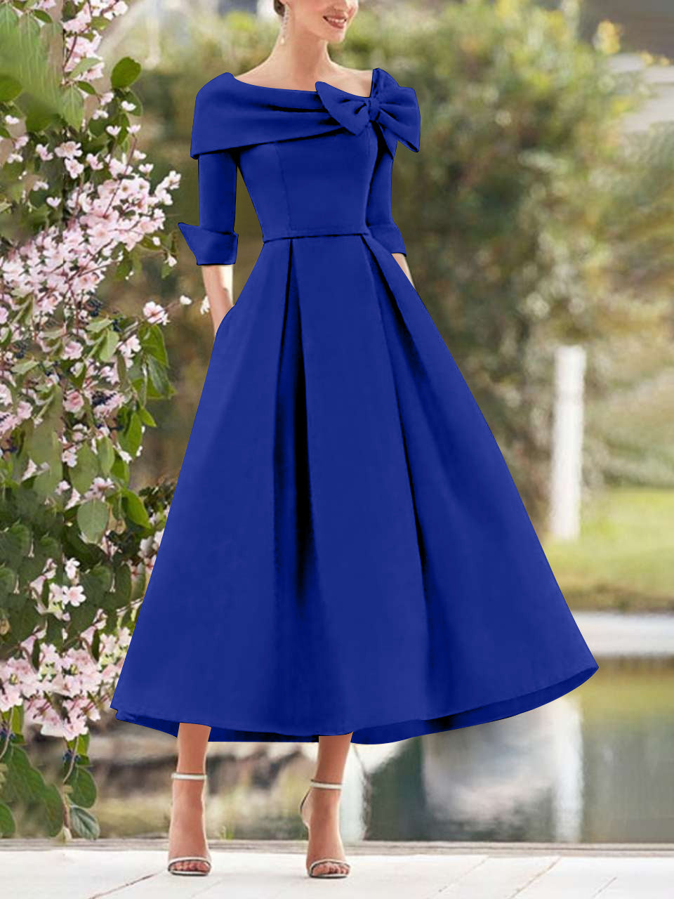 A Line Princess Cowl Neck Bow S 3 4 Sleeves Tea Length Elegant Mother Of The Bride Groom Dresses
