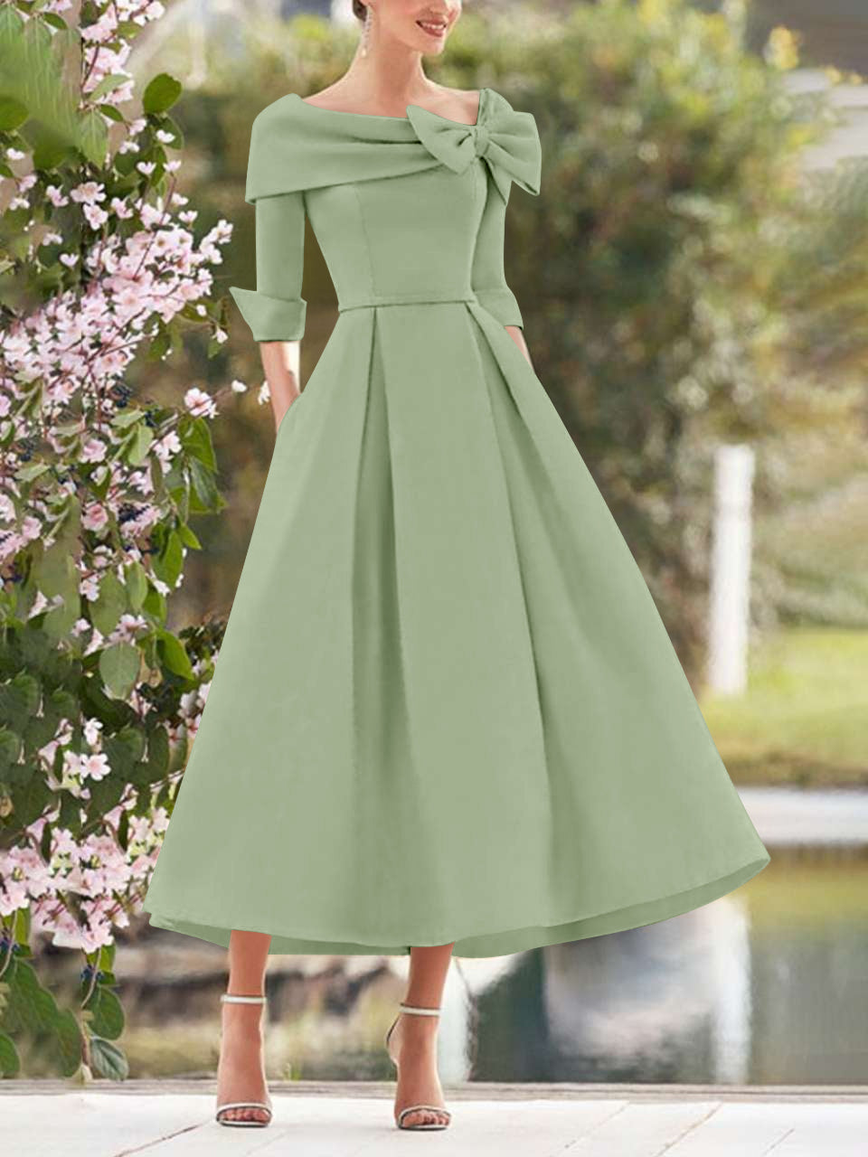 A Line Princess Cowl Neck Bow S 3 4 Sleeves Tea Length Elegant Mother Of The Bride Groom Dresses